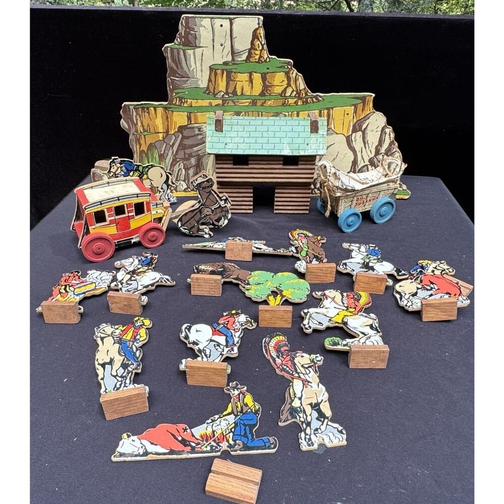 Rare Vtg 1950’s Keystone Frontier Western Playset Cowboys Covered Wagon & More!